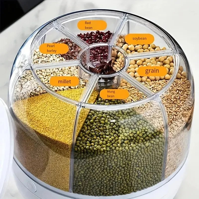 360° Rotating 6-Grid Grain Dispenser – Airtight Rice Storage Container with One-Touch Dispensing, Moisture-Proof Food Storage Organizer for Rice, Beans, Cereal & Dry Foods