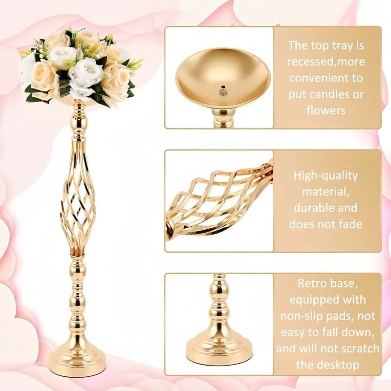 Modern Luxury Gold Twisted Metal Candlestick Holder with Flower Vase – Decorative Iron Candle Stand for Taper Candles, Wedding Table Centerpiece, Living Room, Bedroom, Dining Table, Home Decoration & Gift