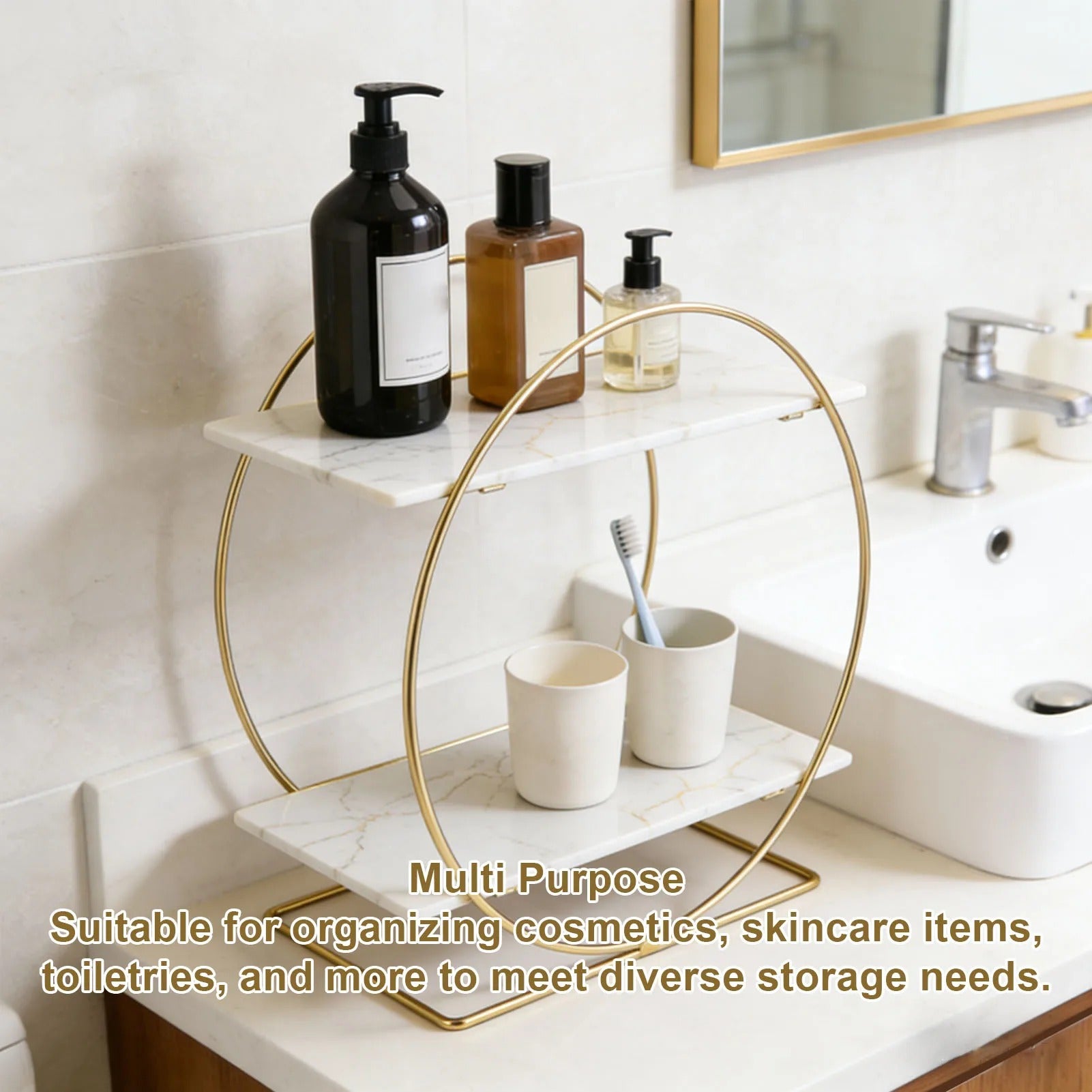 2-Tier Gold Metal Storage Shelf with Marble Pattern Shelves | Modern Bathroom Counter Organizer | Vanity Organizer | Kitchen Counter Storage Rack | Bedroom & Living Room Display Shelf | Luxury Cosmetic & Perfume Organizer