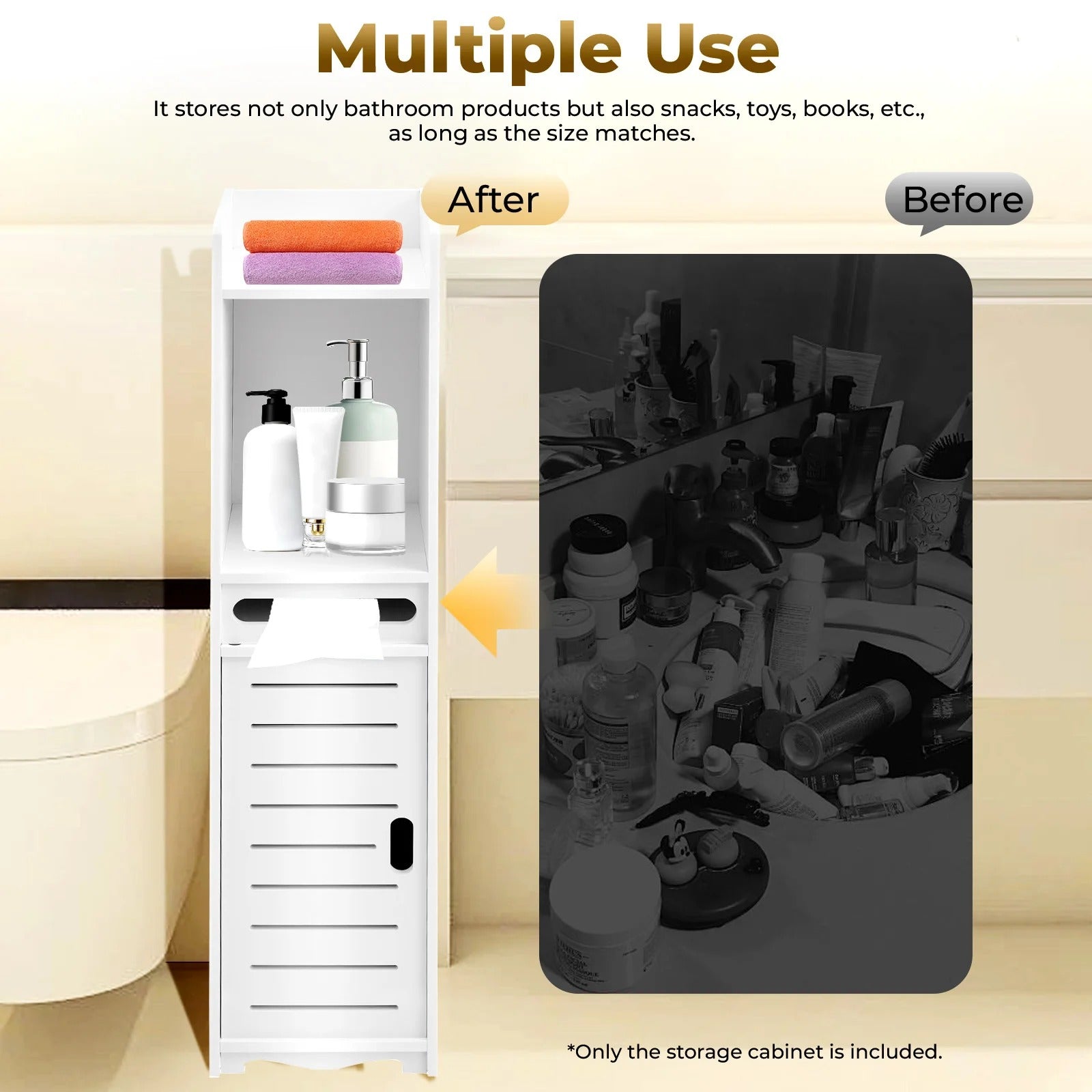 Slim PVC Bathroom Storage Cabinet with Tissue Holder – 20×20×80cm Freestanding Narrow Gap Storage Organizer, Space Saving Floor Cabinet with Open Shelves, Slatted Door, Toilet Paper Storage, Bathroom Corner Cabinet for Home, Laundry Room & Kitchen