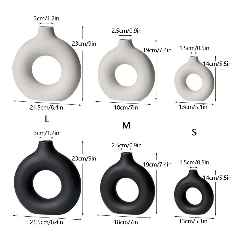 Nordic Ceramic Donut Vase – Modern Hollow Round Pampas Grass Vase for Living Room, Office, Bedroom & Minimalist Home Decor