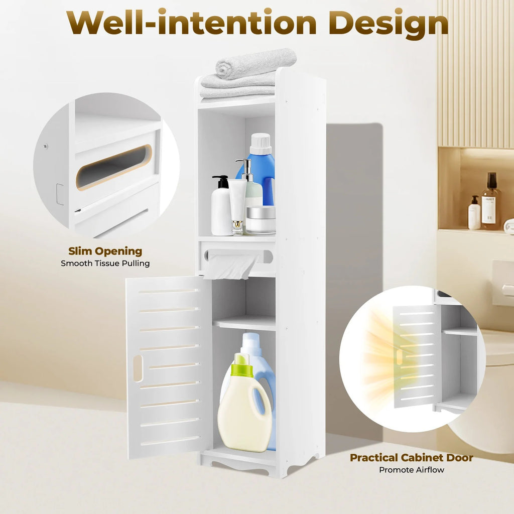 Slim PVC Bathroom Storage Cabinet with Tissue Holder – 20×20×80cm Freestanding Narrow Gap Storage Organizer, Space Saving Floor Cabinet with Open Shelves, Slatted Door, Toilet Paper Storage, Bathroom Corner Cabinet for Home, Laundry Room & Kitchen