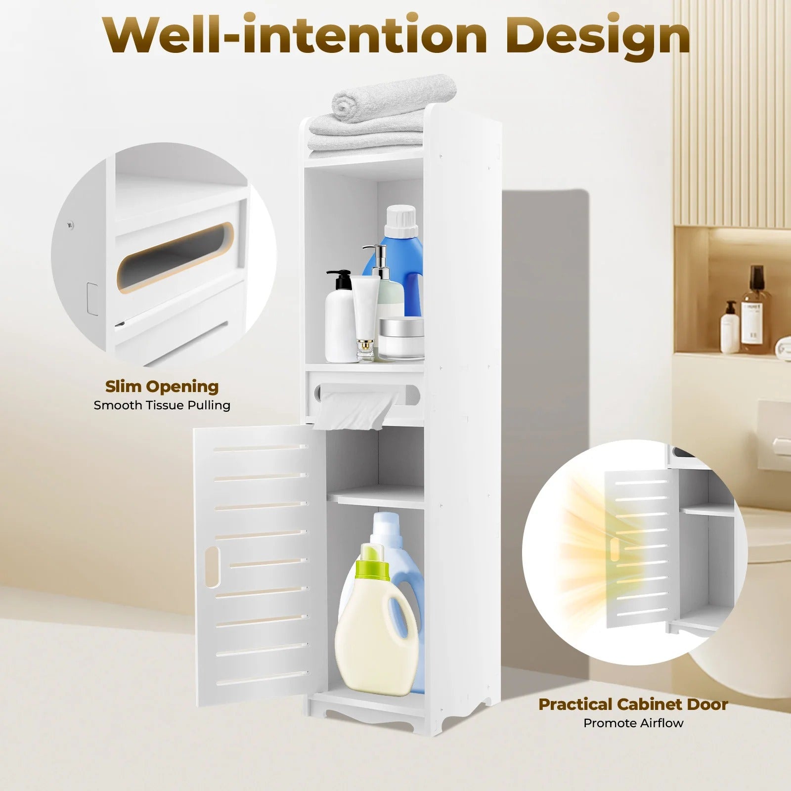 Slim PVC Bathroom Storage Cabinet with Tissue Holder – 20×20×80cm Freestanding Narrow Gap Storage Organizer, Space Saving Floor Cabinet with Open Shelves, Slatted Door, Toilet Paper Storage, Bathroom Corner Cabinet for Home, Laundry Room & Kitchen
