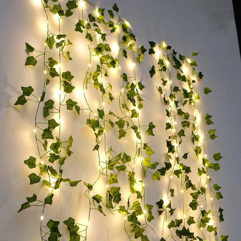 Battery Powered Artificial Vine String Lights – LED Fairy Lights with Green Leaf Garland for Bedroom, Wedding, Christmas & Home Decor
