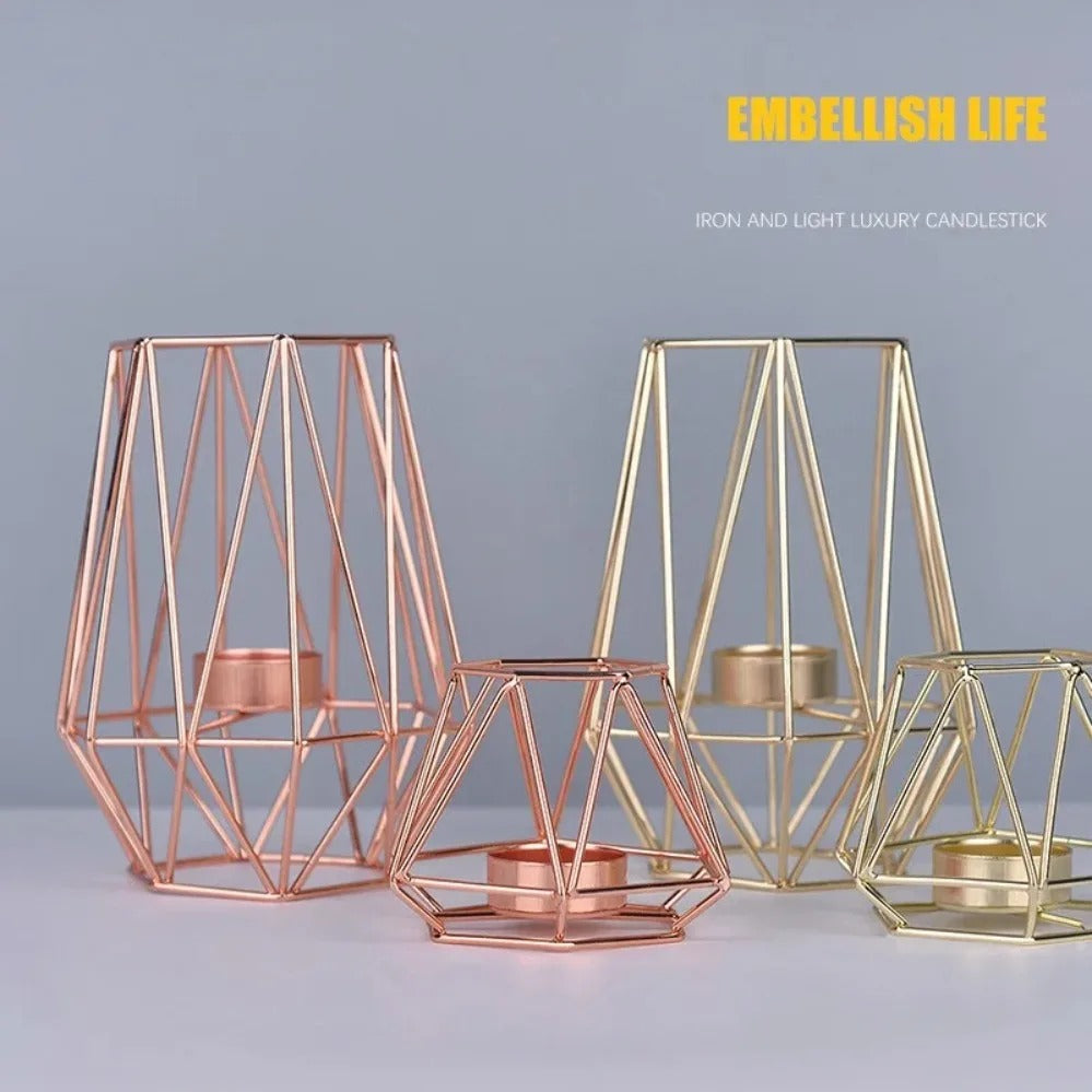 Modern Geometric Metal Candle Holder Set | Gold & Rose Gold Tealight Candle Lantern | Nordic Minimalist Table Centerpiece | Decorative Home Decor for Living Room, Bedroom, Dining Table, Wedding & Christmas