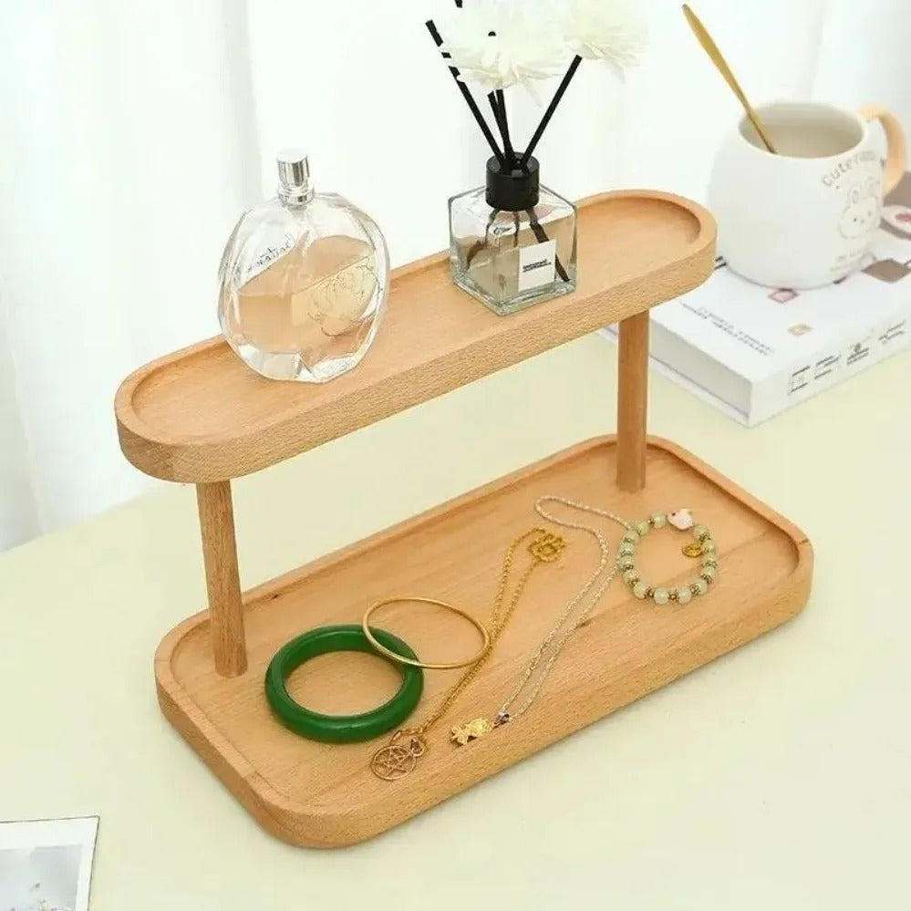Wooden Double-Layer Tray Storage Rack – Desktop Cosmetics, Jewellery & Key Organiser