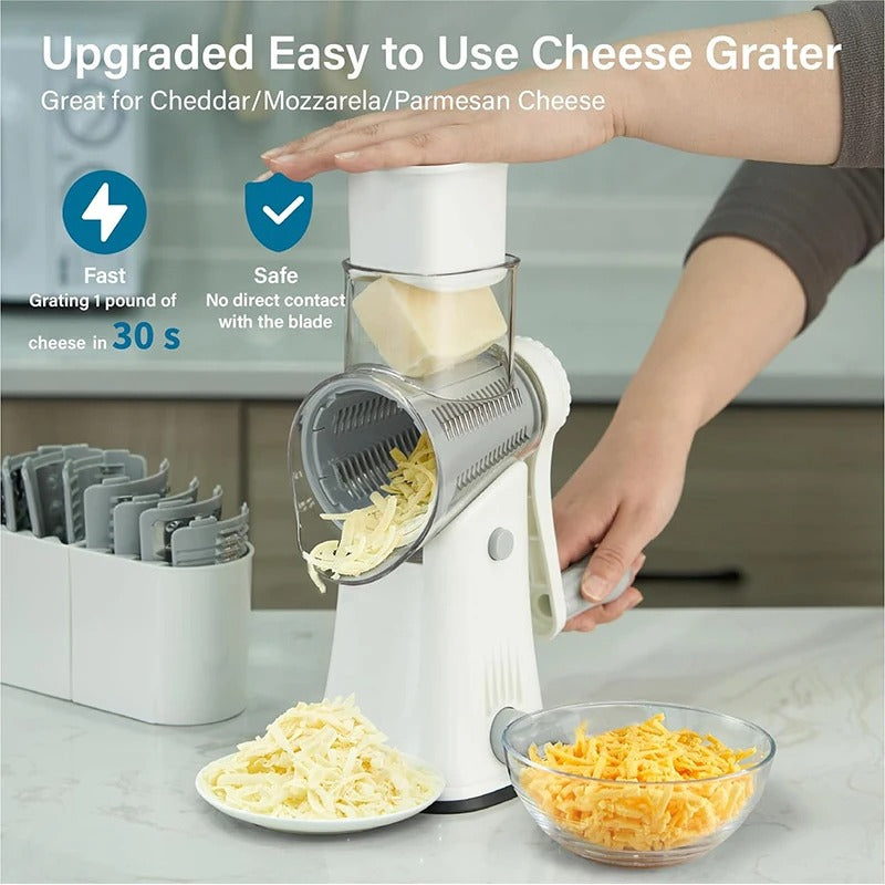 5-in-1 Rotary Cheese Grater & Vegetable Slicer – Manual Mandoline Shredder, Julienne Cutter, Waffle Slicer, Nut Chopper for Cheese, Vegetables & Kitchen Food Prep