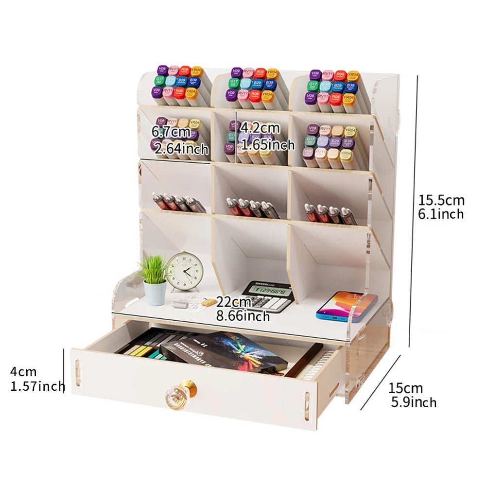 Marker Pen Storage Organizer with Drawer – Multi-Compartment Desktop Pen HolderMarker Pen Storage Organizer with Drawer – Multi-Compartment Desktop Pen Holder for Markers, Pencils & Art Supplies, Wooden Grain/White Stationery Desk Organizer