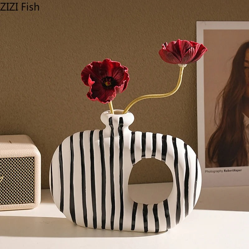Modern Zebra Stripe Ceramic Vase – Decorative Flower Vase for Artificial Flowers, Pampas Grass, Living Room, Bedroom & Office Table Deco