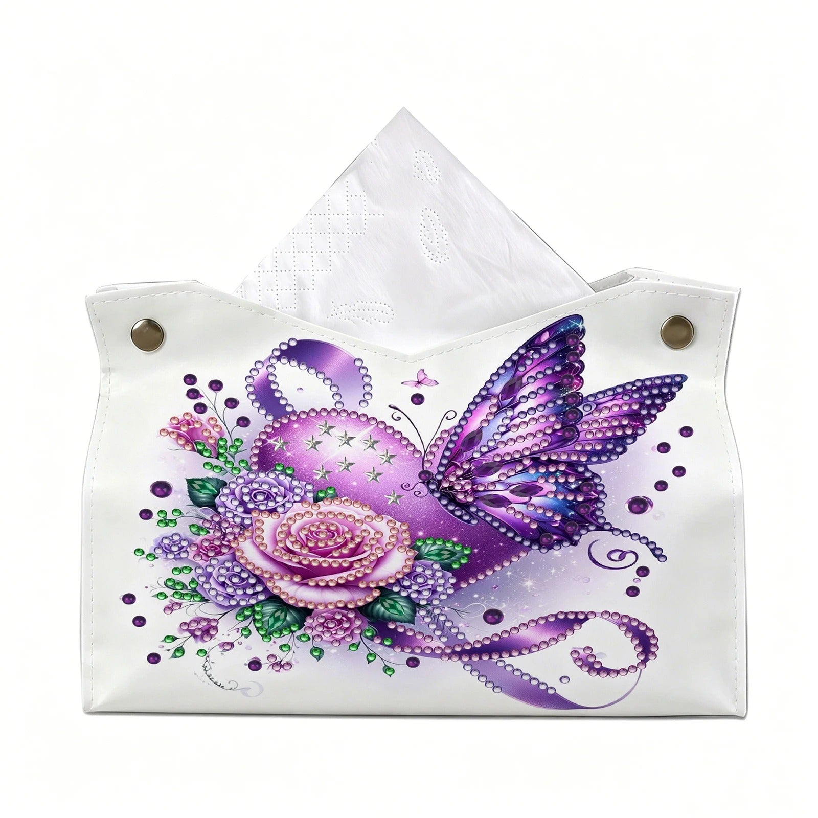 DIY Diamond Painting Tissue Box Holder with Purple Butterfly Design – PU Leather Crystal Rhinestone Mosaic Tissue Box Cover, Resin Gem Art Desktop Organizer, Decorative Tissue Storage Case for Home Office Living Room, Handmade Craft Gift for Women