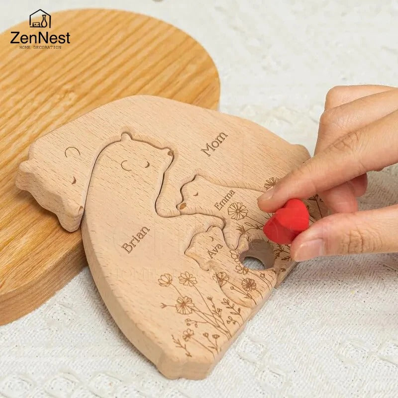 Personalised Wooden Bear Family Puzzle – Custom Name Keepsake Gift