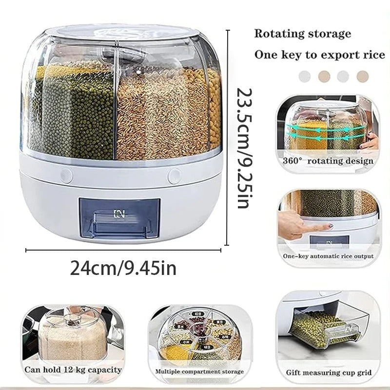 360° Rotating 6-Grid Grain Dispenser – Airtight Rice Storage Container with One-Touch Dispensing, Moisture-Proof Food Storage Organizer for Rice, Beans, Cereal & Dry Foods