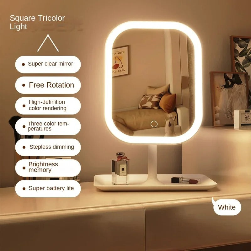LED Lighted Vanity Makeup Mirror with Touch Sensor & Storage Tray | Dimmable Desktop Cosmetic Mirror | Hollywood Beauty Mirror | Skincare, Makeup & Dressing Table Mirror for Bedroom Bathroom Vanity Desk