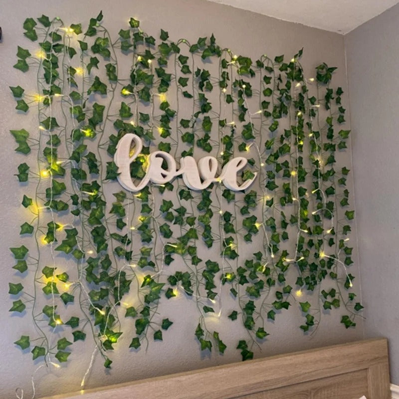 Battery Powered Artificial Vine String Lights – LED Fairy Lights with Green Leaf Garland for Bedroom, Wedding, Christmas & Home Decor
