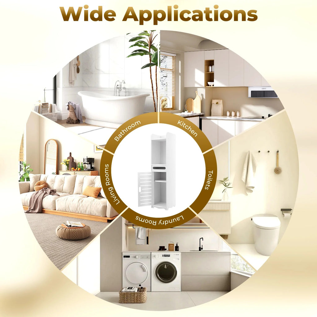 Slim PVC Bathroom Storage Cabinet with Tissue Holder – 20×20×80cm Freestanding Narrow Gap Storage Organizer, Space Saving Floor Cabinet with Open Shelves, Slatted Door, Toilet Paper Storage, Bathroom Corner Cabinet for Home, Laundry Room & Kitchen