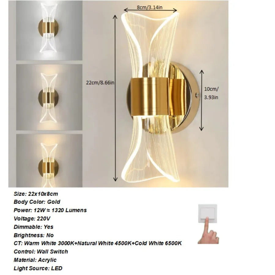 12W Dimmable LED Wall Lamp – Modern Acrylic & Metal Wall Sconce with 3 Color Temperatures for Bedroom, Office, Hallway & Staircase