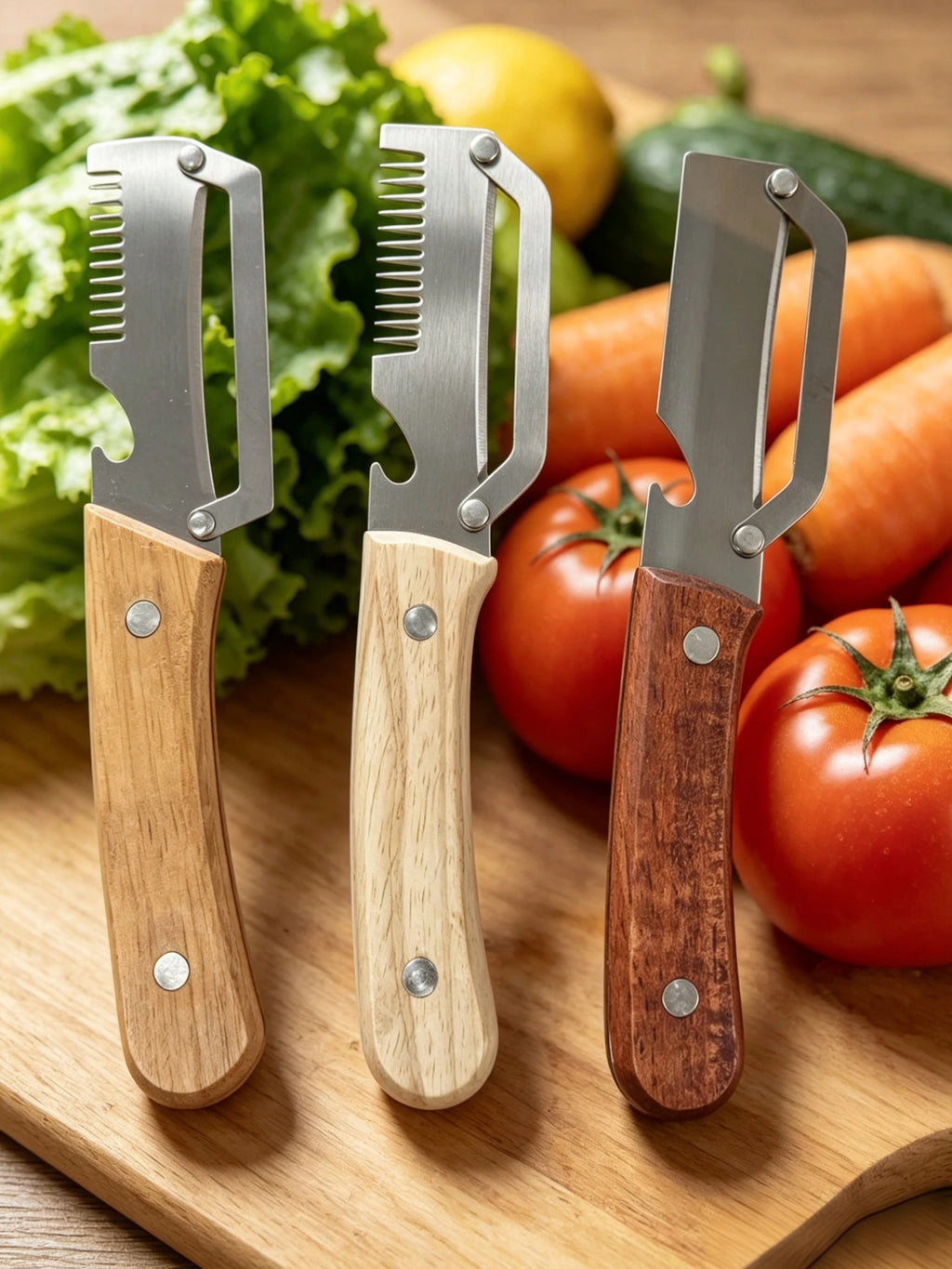 Multi-Functional Stainless Steel Vegetable & Fruit Peeler with Wooden Handle – Sharp Durable Kitchen Peeling Tool for Potatoes, Carrots, Apples, Cucumbers & More