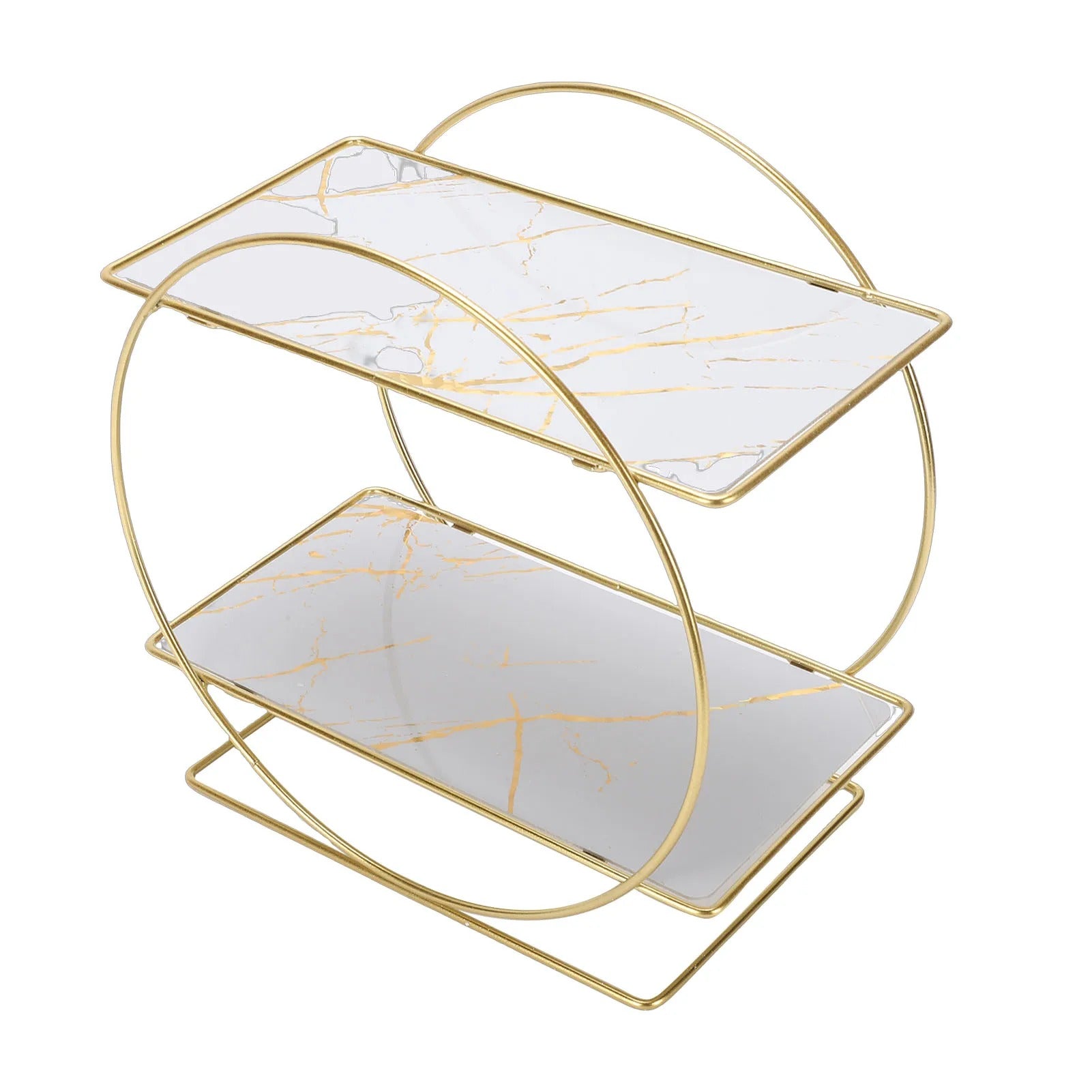 2-Tier Gold Metal Storage Shelf with Marble Pattern Shelves | Modern Bathroom Counter Organizer | Vanity Organizer | Kitchen Counter Storage Rack | Bedroom & Living Room Display Shelf | Luxury Cosmetic & Perfume Organizer