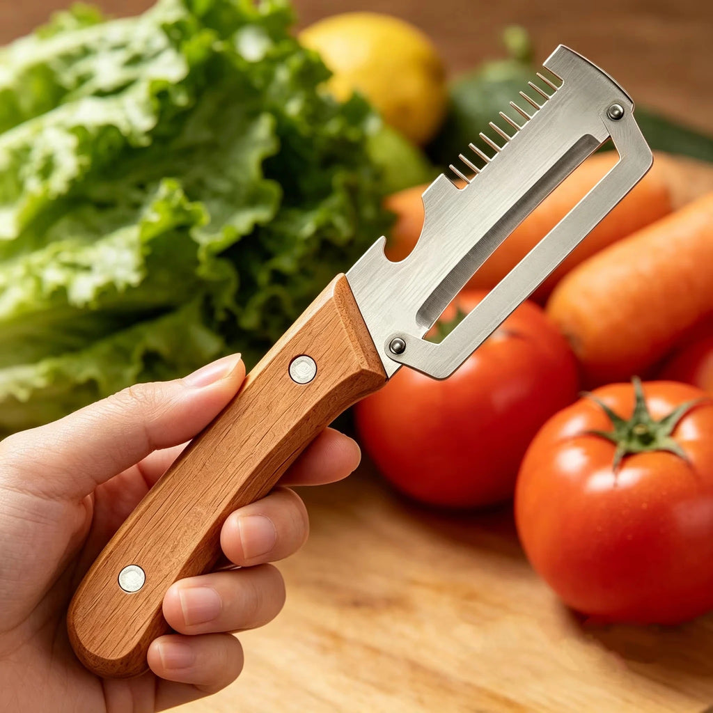 Multi-Functional Stainless Steel Vegetable & Fruit Peeler with Wooden Handle – Sharp Durable Kitchen Peeling Tool for Potatoes, Carrots, Apples, Cucumbers & More