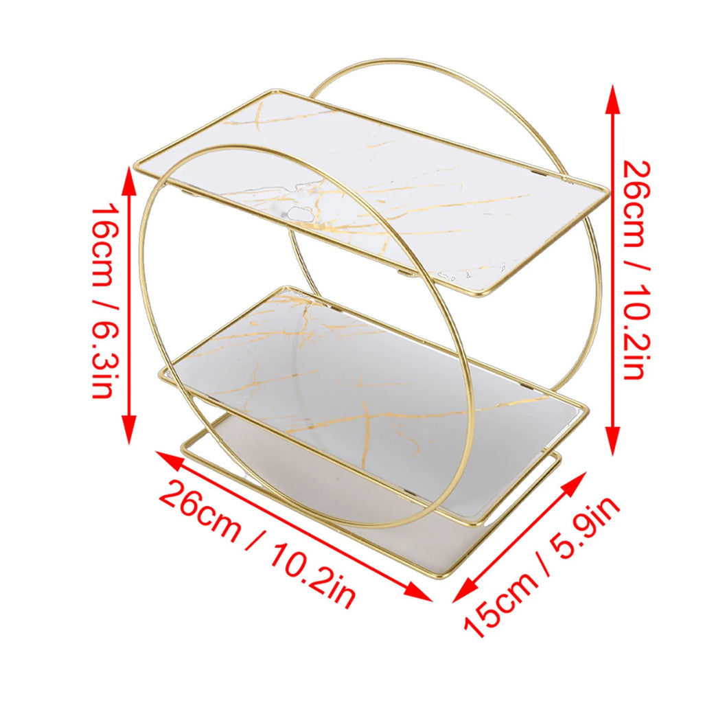 2-Tier Gold Metal Storage Shelf with Marble Pattern Shelves | Modern Bathroom Counter Organizer | Vanity Organizer | Kitchen Counter Storage Rack | Bedroom & Living Room Display Shelf | Luxury Cosmetic & Perfume Organizer