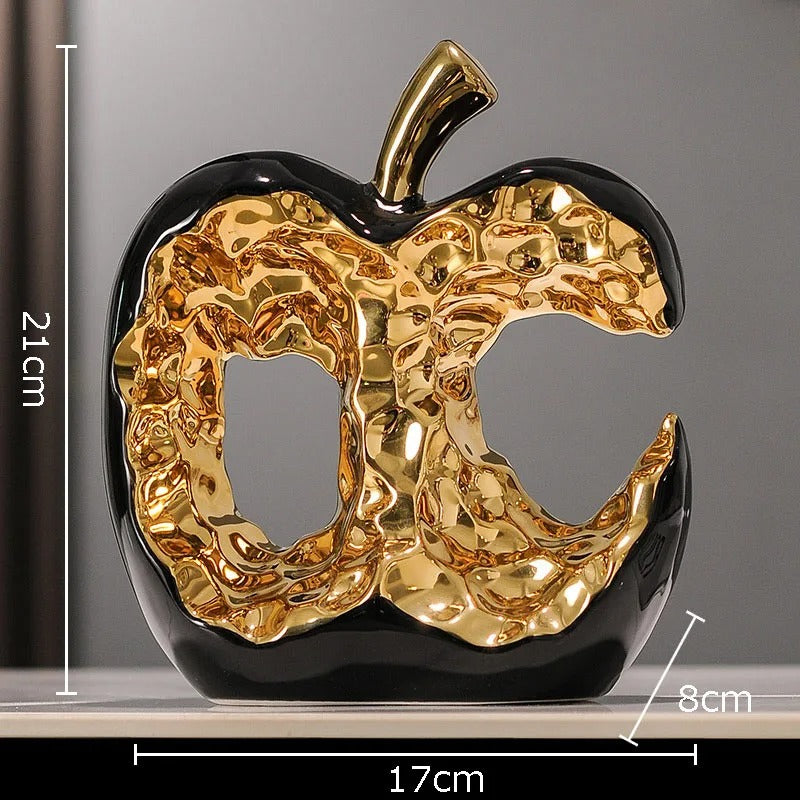 Luxury Gold Hollow Apple Ceramic Sculpture – Modern Decorative Apple Statue for Living Room, Office Desk, Shelf & Home Decor