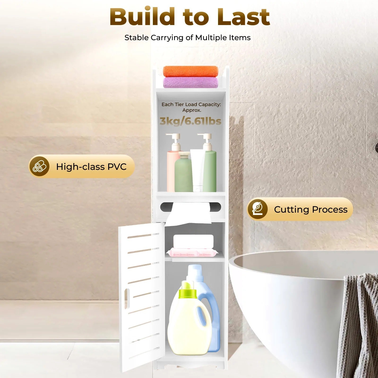 Slim PVC Bathroom Storage Cabinet with Tissue Holder – 20×20×80cm Freestanding Narrow Gap Storage Organizer, Space Saving Floor Cabinet with Open Shelves, Slatted Door, Toilet Paper Storage, Bathroom Corner Cabinet for Home, Laundry Room & Kitchen